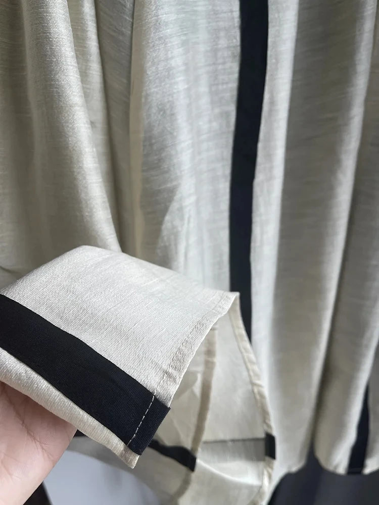 JIAMI A-LINE Pleated Striped Linen Blended Skirt