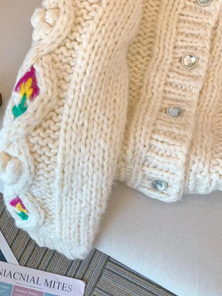 Handmade Chunky Embroidered Flowers Knitted Cardigan 2024 Women's Winter Knitwear