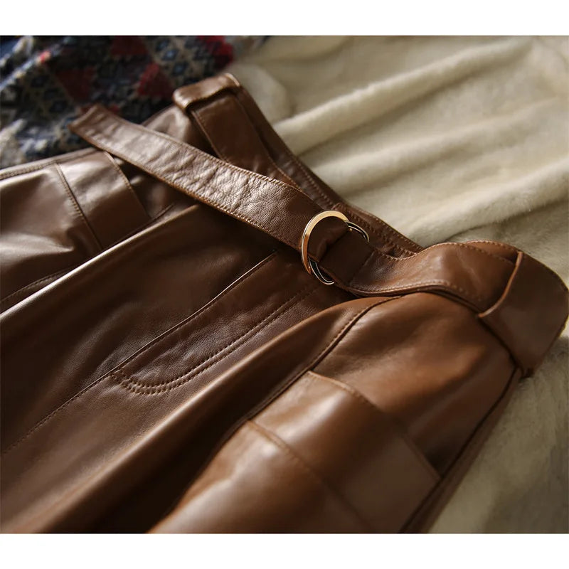 JIAMI Vintage Brown High Waist A-Line PU Leather Skirt