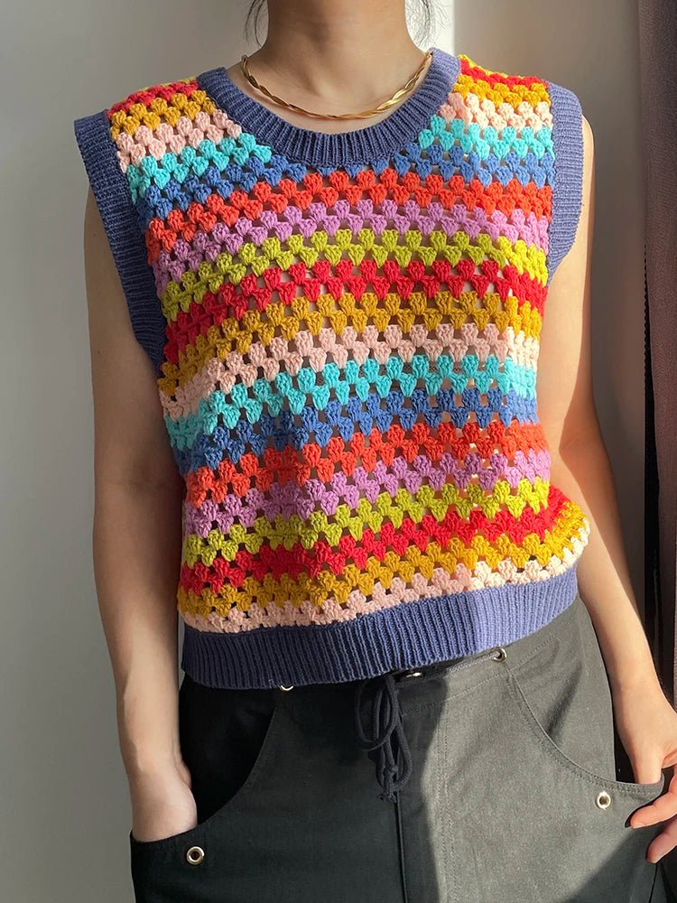 Kalmet Handmade Rainbow Color Stripe Knit Vest