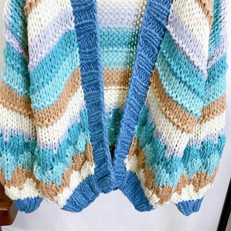 Kalamet Women Striped Color-block Handmade Chunky Cardigan Autumn Winter Sweater Knit Top Women Clothes