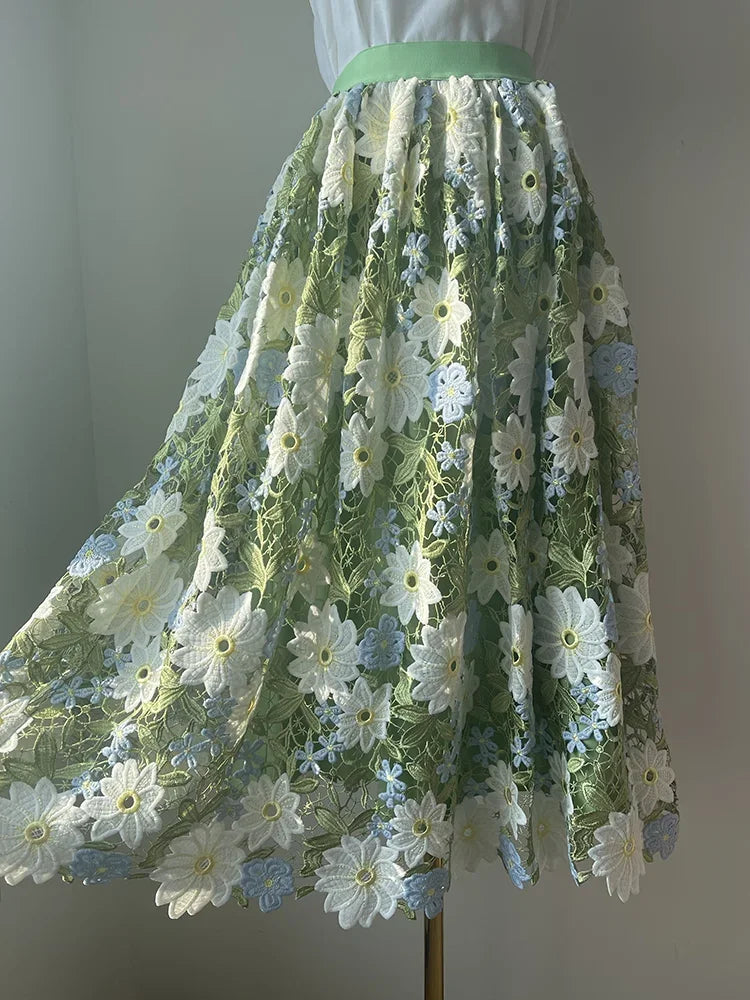 JIAMI Luxury Lace Hollow Embroidery Floral Green Long Skirt
