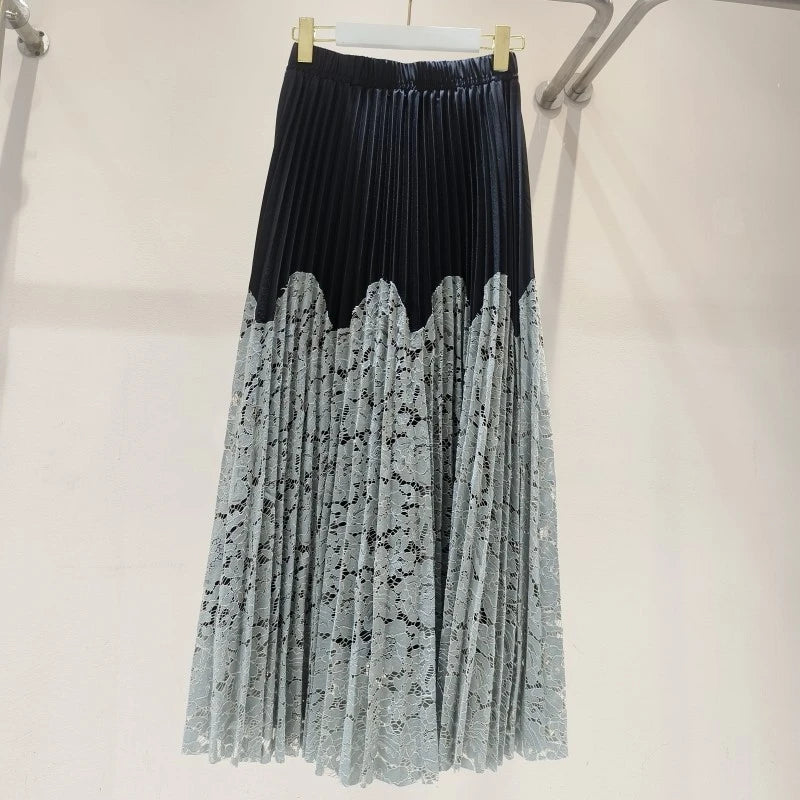 JIAMI Women A-line High Waist Lace Pleated Long Skirt