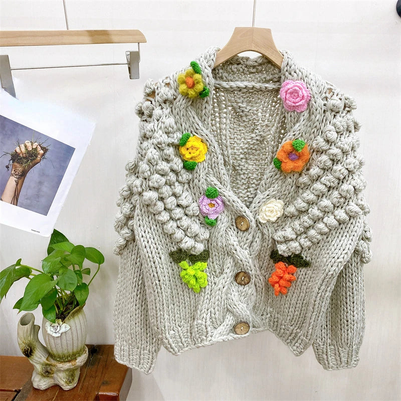 Kalamet Women Hand-Knitted Chunky Cardigan with 3D Flower Twisted Design C6002