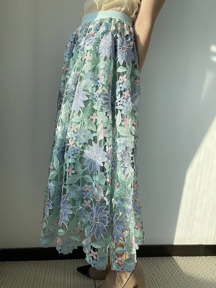 JIAMI Hollow Embroidery Vintage Long Skirt