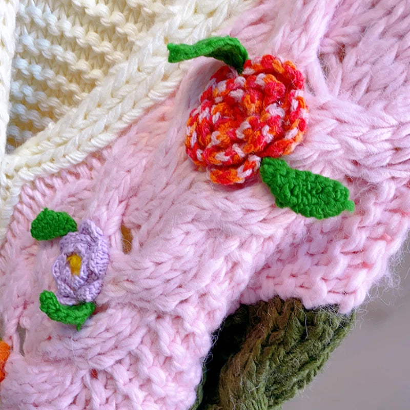 Kalamet Women Handmade Floral Multicolor Chunky Cardigan Sweet Winter Sweater Knit Top Women Clothes