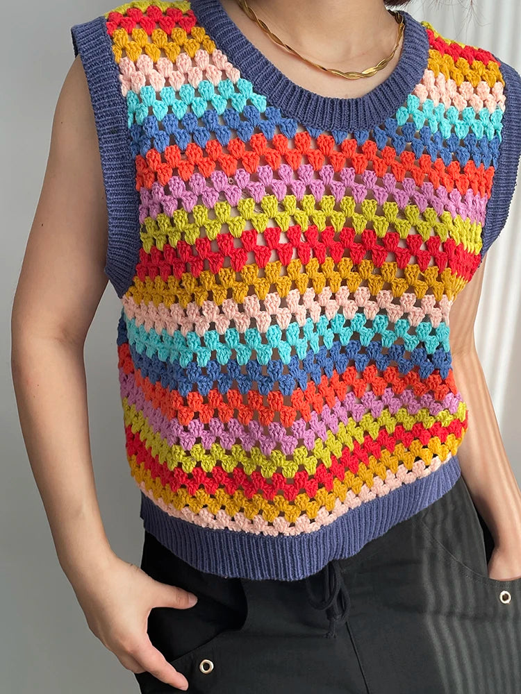 Kalmet Handmade Rainbow Color Stripe Knit Vest