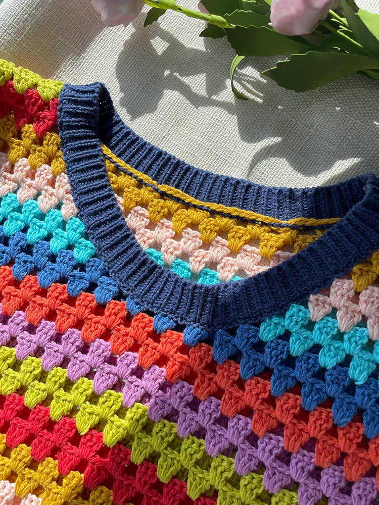 Kalmet Handmade Rainbow Color Stripe Knit Vest