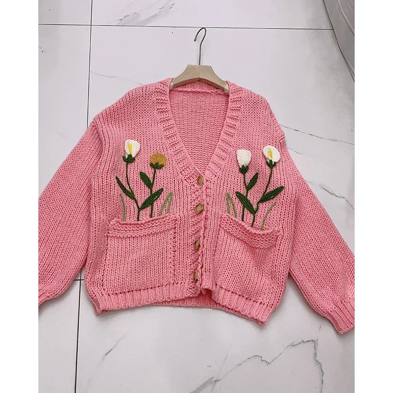 Kalamet Women Handknit Floral Vintage Apricot Cardigan Autumn Winter Knit Top with Pocket Women Sweater Clothes Knitwear C0906