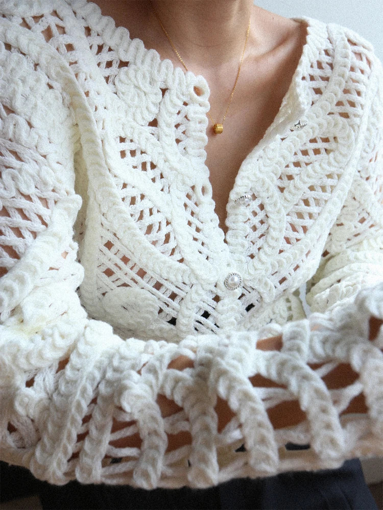 JIAMI Women Handmade Hollow-out Slim Fit Knit Cardigan