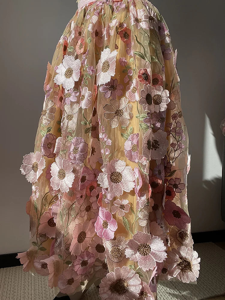 JIAMI Luxury High Waist Floral Pleated Tulle Skirt