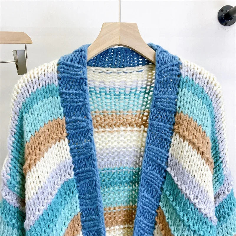 Kalamet Women Striped Color-block Handmade Chunky Cardigan Autumn Winter Sweater Knit Top Women Clothes