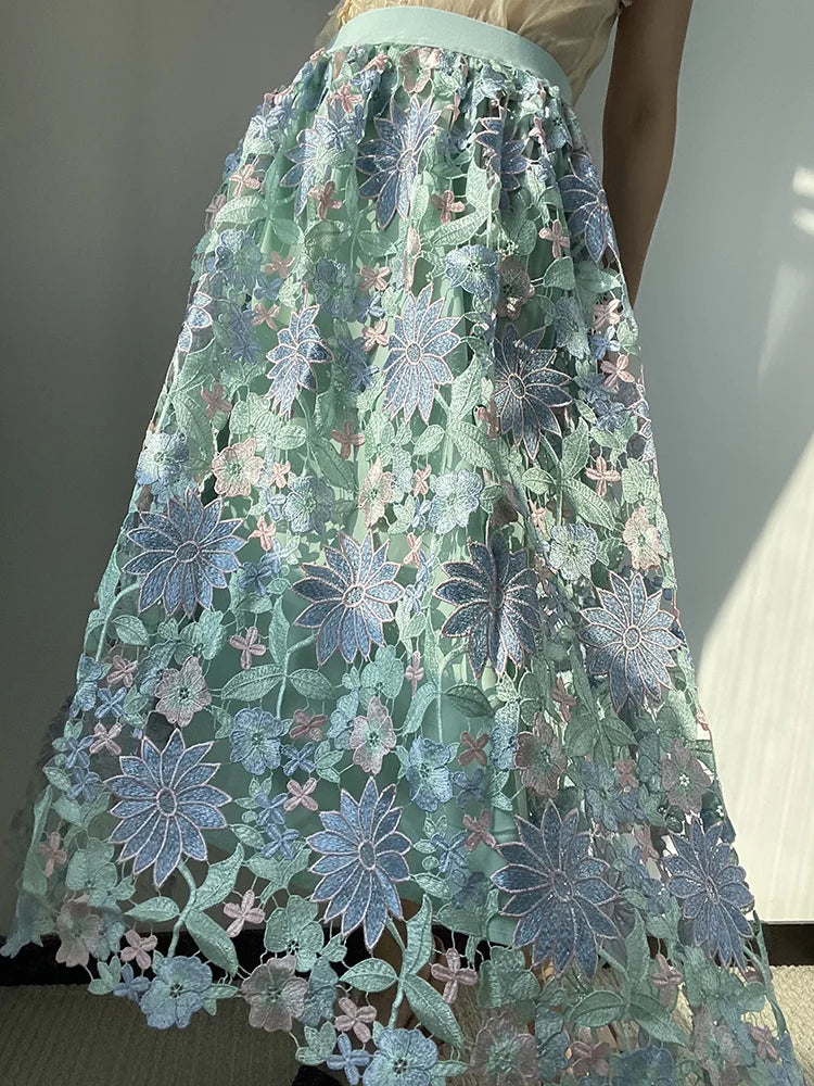 JIAMI Hollow Embroidery Vintage Long Skirt