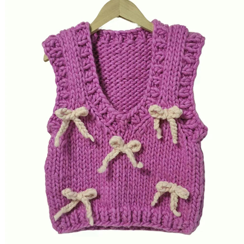 Women Handmade Purple Sweater Vest with Bow Sweater Chunky Knitwear Sweet Warm Top