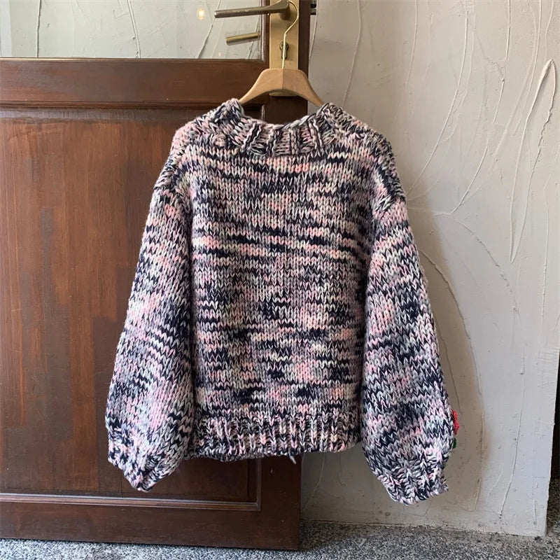 Kalamet Women Chunky Knit Cardigan Floral Embellishments Loose Retro Vintage Handmade Sweater