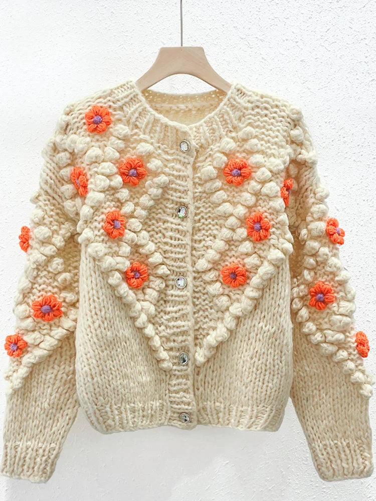 Chunky Handmade Hook Floral Knit Sweater Cardigan