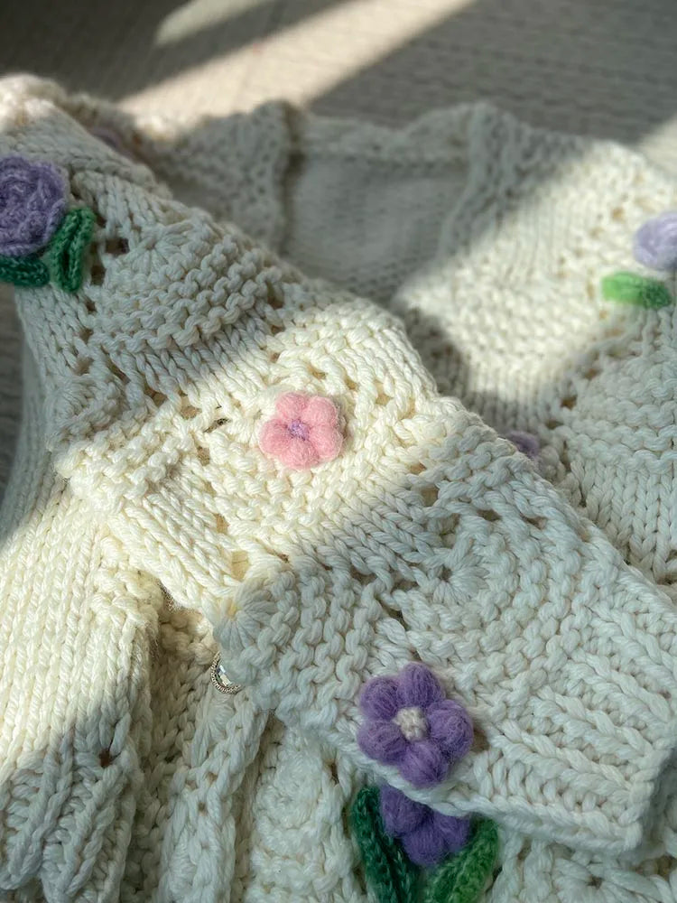 Kalamet Women Floral Crochet Handmade Chunky Knit Cardigan C6001