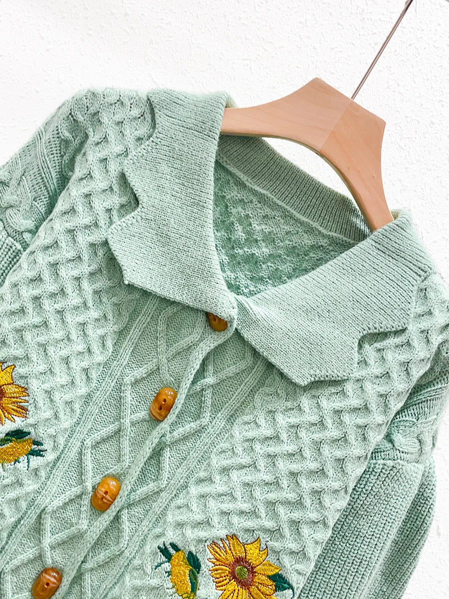 Kalamet Women Floral Embroidery Vintage Knitted Cardigan
