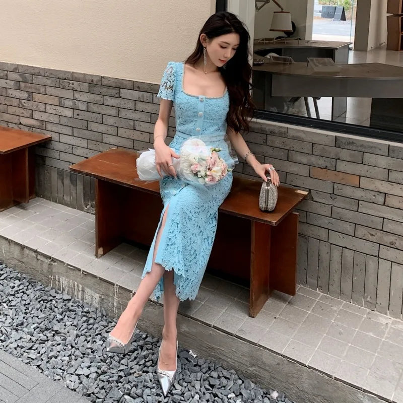 JIAMI High Quality Blue Lace Elegant Midi Dress