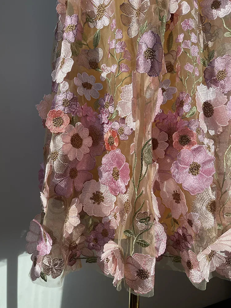 JIAMI Luxury High Waist Floral Pleated Tulle Skirt