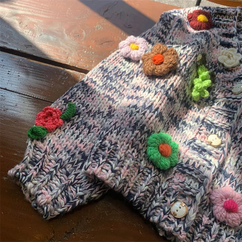 Kalamet Women Chunky Knit Cardigan Floral Embellishments Loose Retro Vintage Handmade Sweater