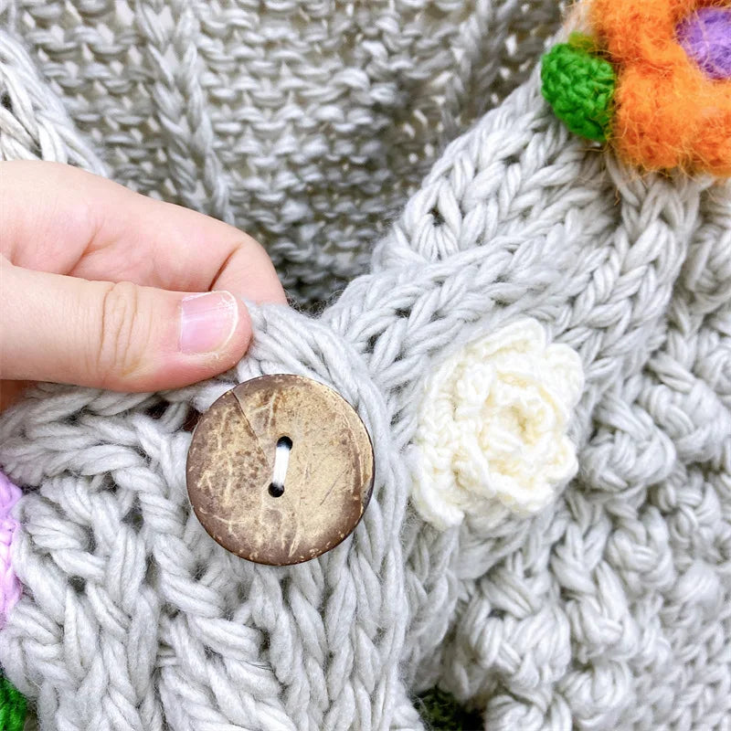 Kalamet Women Hand-Knitted Chunky Cardigan with 3D Flower Twisted Design C6002