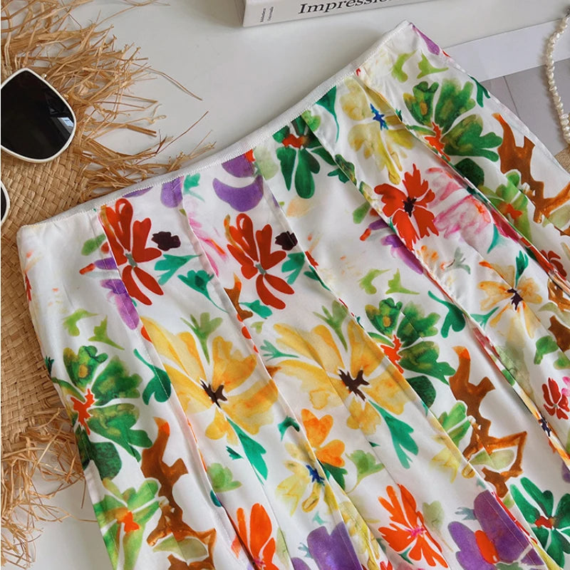 JIAMI Women Floral Print High Waist Pleated A-line Slim Fit Midi Skirt