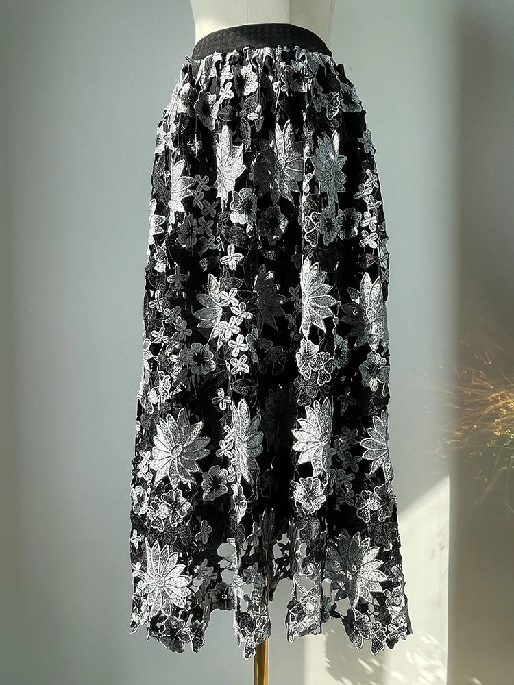 JIAMI Hollow Embroidery Vintage Long Skirt