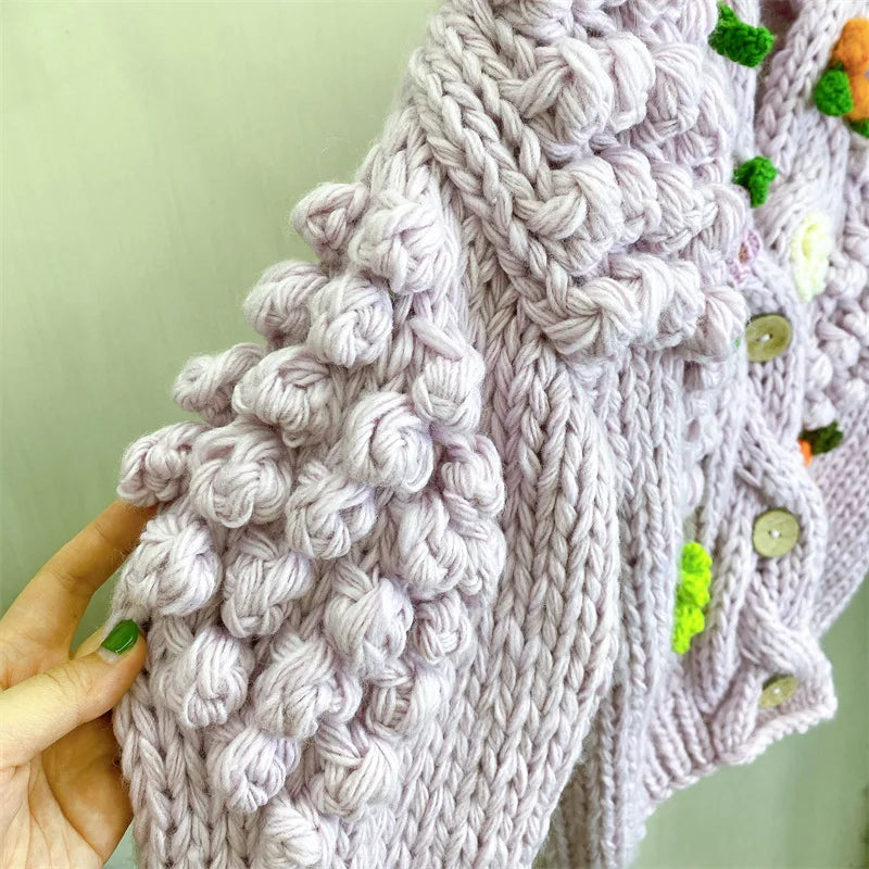 Kalamet Women Hand-Knitted Chunky Cardigan with 3D Flower Twisted Design C6002