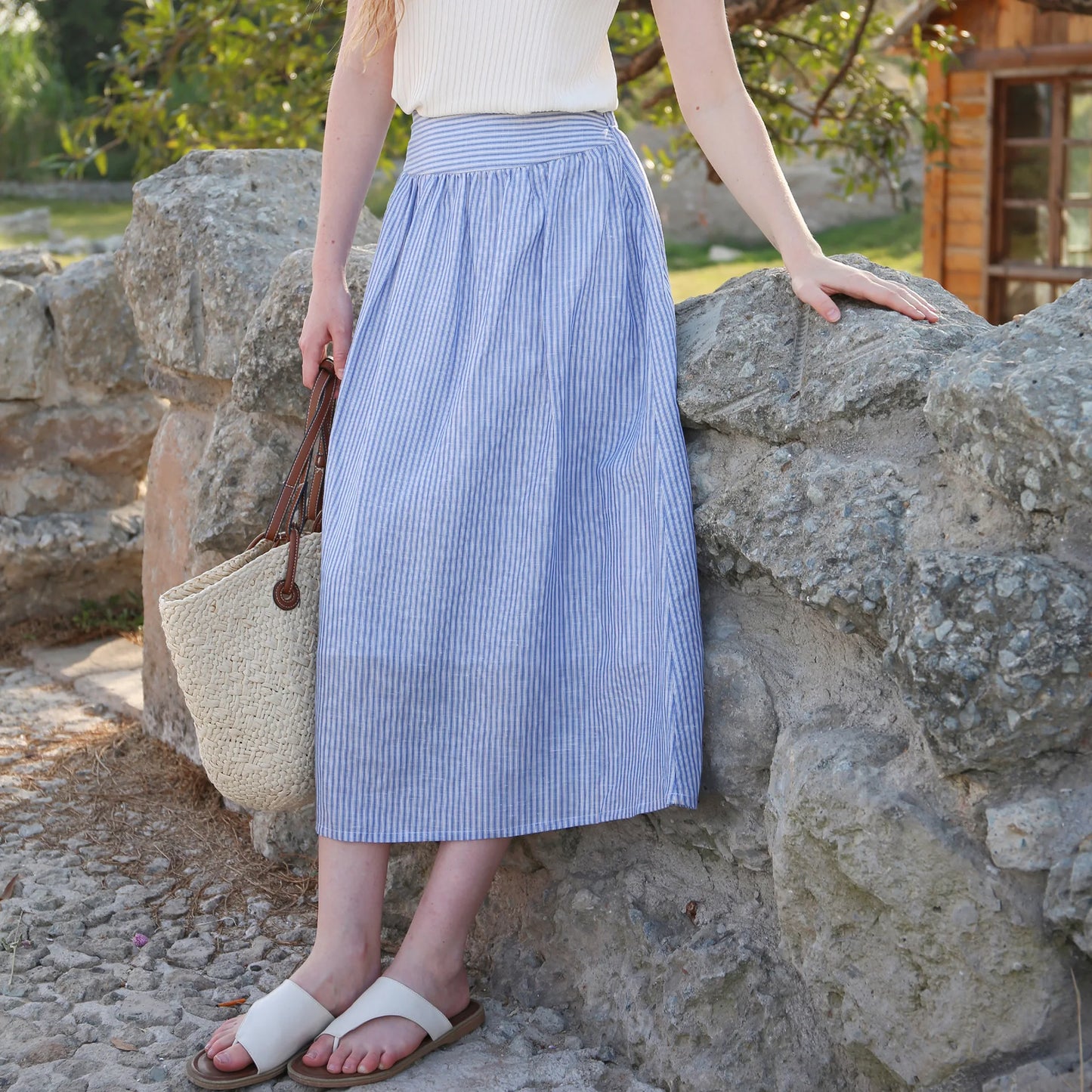 JIAMI Women Striped HIgh Waist A-line Blue Midi Skirt