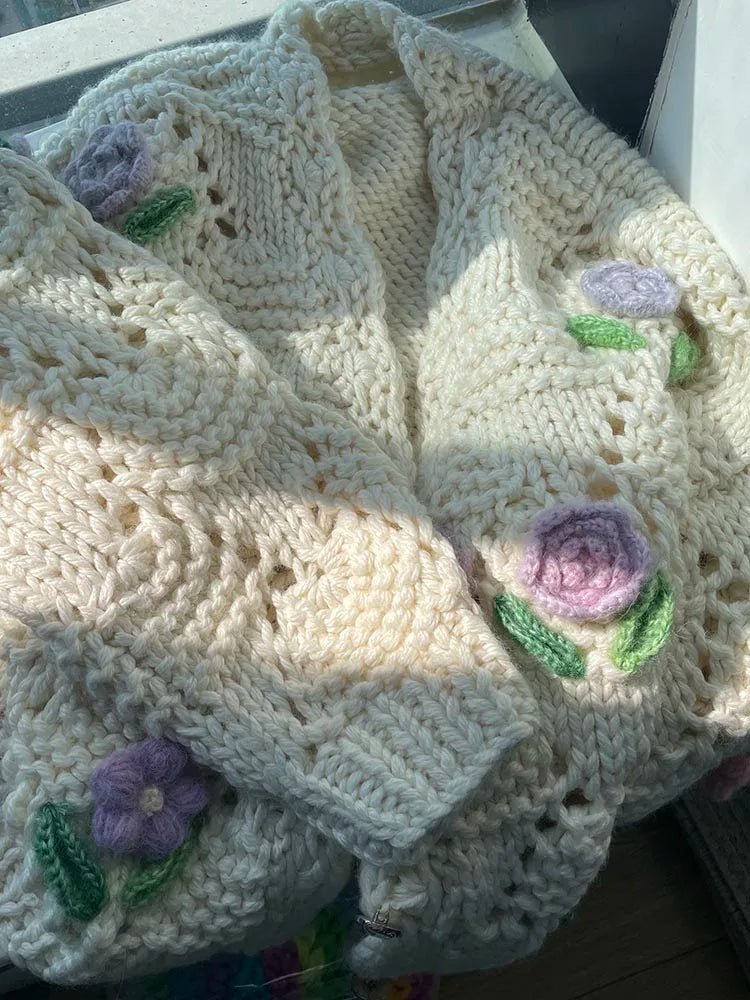 Kalamet Women Floral Crochet Handmade Chunky Knit Cardigan C6001
