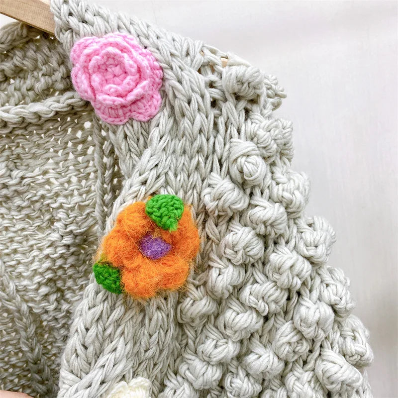 Kalamet Women Hand-Knitted Chunky Cardigan with 3D Flower Twisted Design C6002
