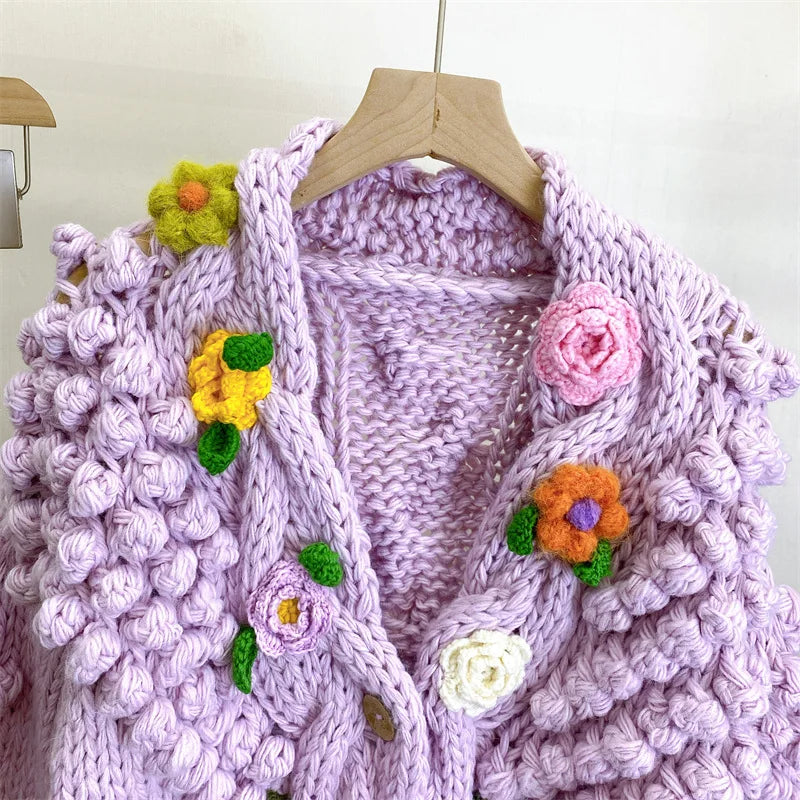 Kalamet Women Hand-Knitted Chunky Cardigan with 3D Flower Twisted Design C6002