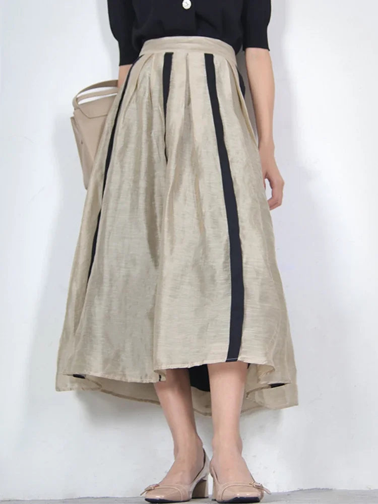 JIAMI A-LINE Pleated Striped Linen Blended Skirt