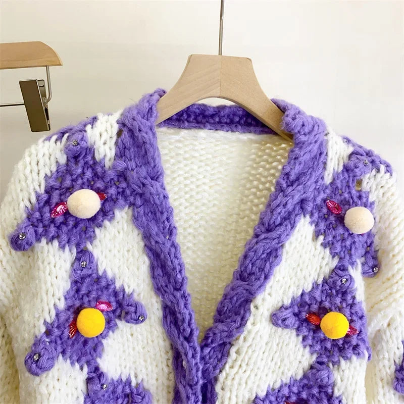 Kalamet Handmade Knit Chunky Cardigan Christmas Sweater Women Winter Clothes
