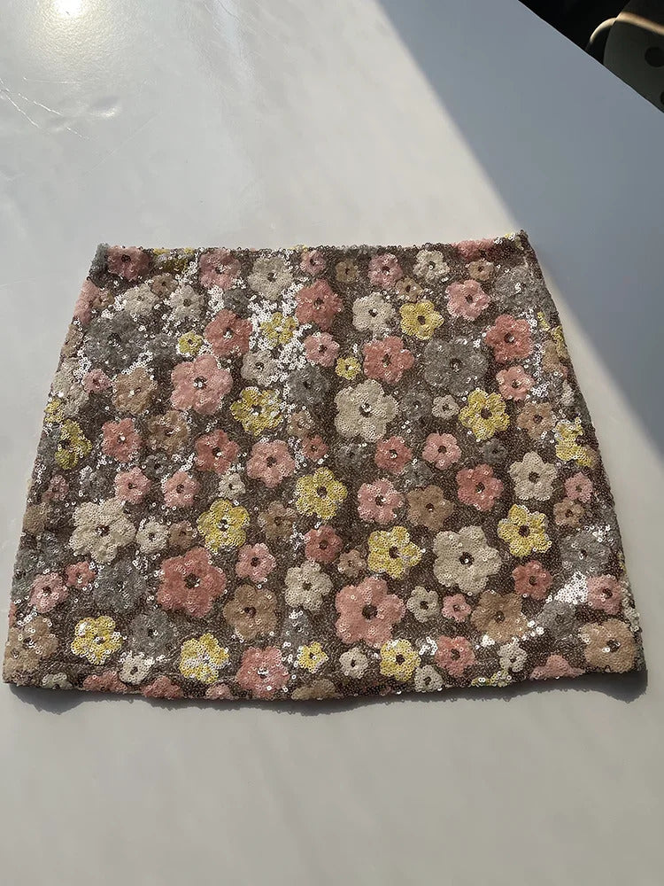 JIAMI Floral Sequins Embroidery High Waist Short Skirt