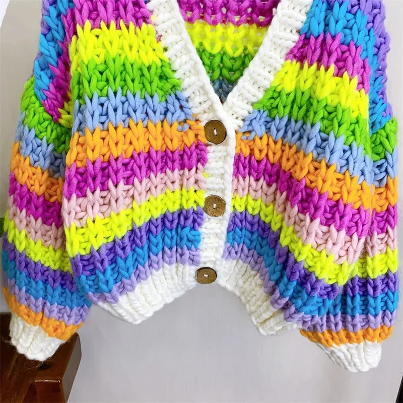 Kalamet Women Handmade Rainbow Colorful Chunky Knit Cardigan K6002