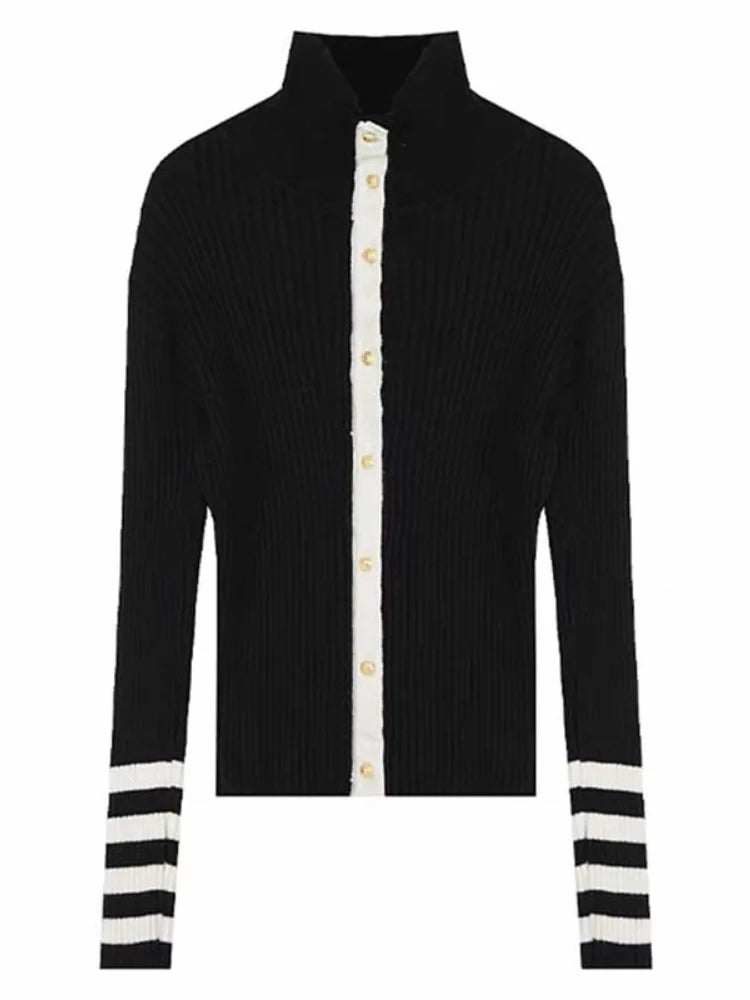 Minimalist Style Black Contrasting Cardigan Striped Sleeves Collared Ribbed Shirt