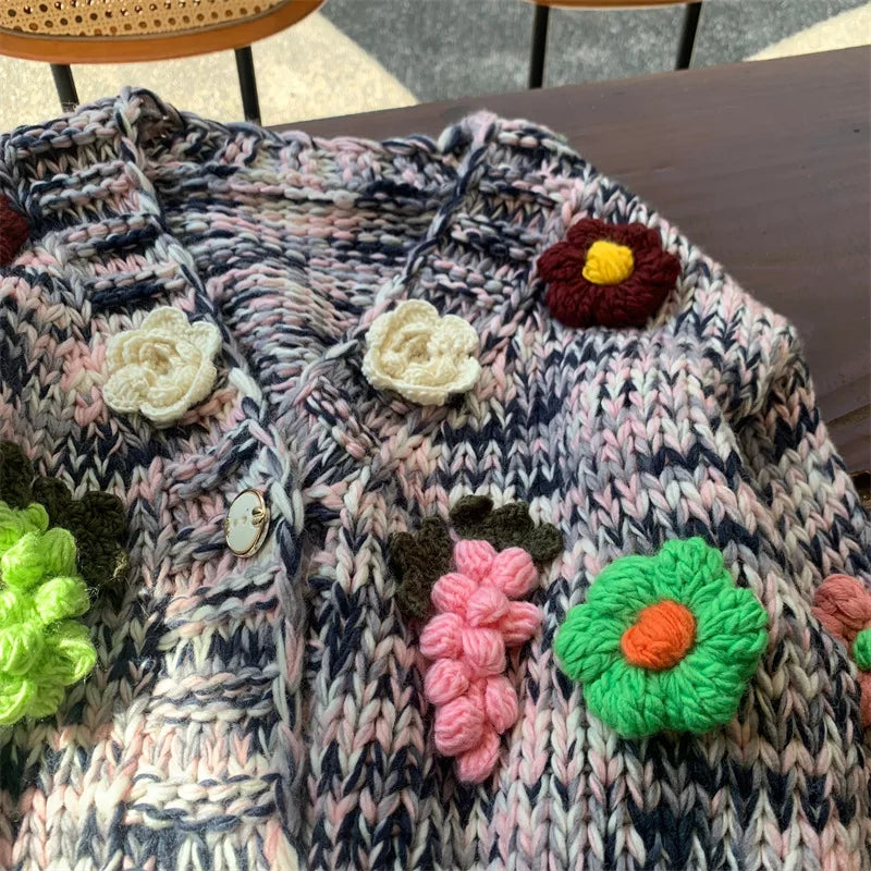 Kalamet Women Chunky Knit Cardigan Floral Embellishments Loose Retro Vintage Handmade Sweater