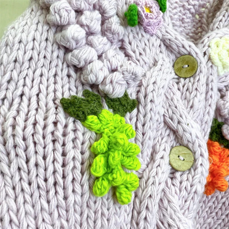 Kalamet Women Hand-Knitted Chunky Cardigan with 3D Flower Twisted Design C6002