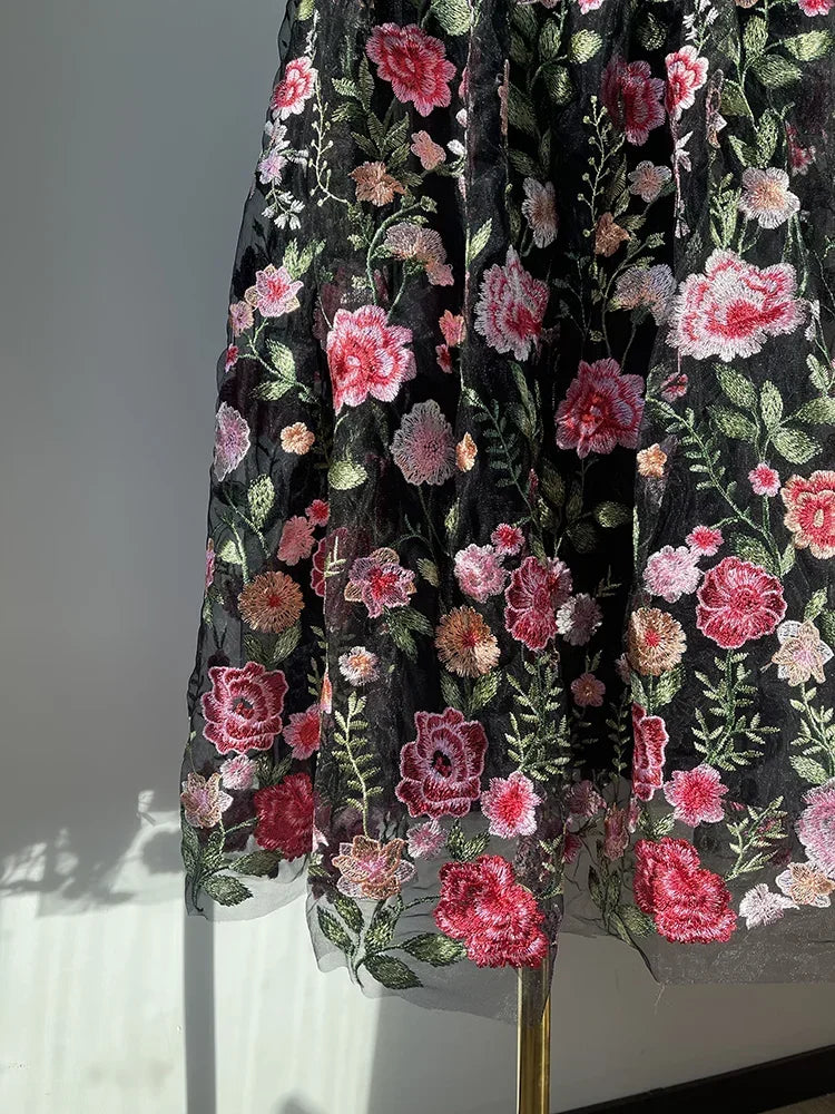 JIAMI Luxury High Waist Floral Pleated Black Tulle Skirt