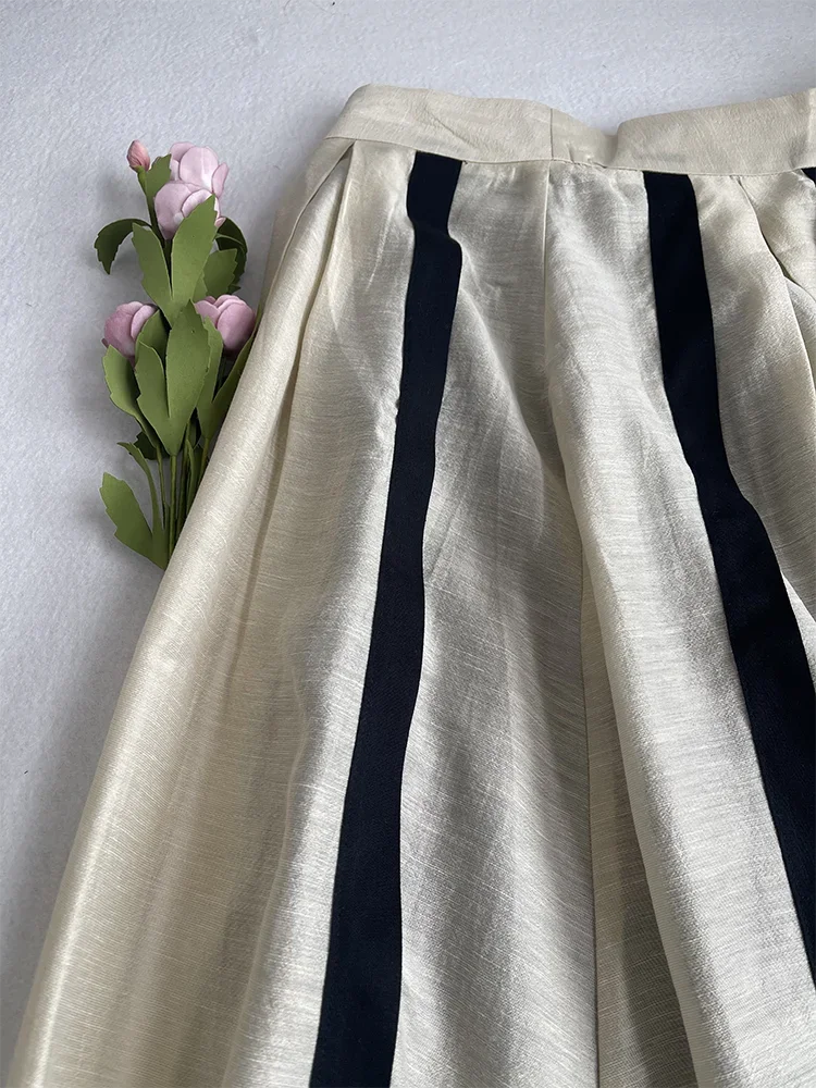 JIAMI A-LINE Pleated Striped Linen Blended Skirt