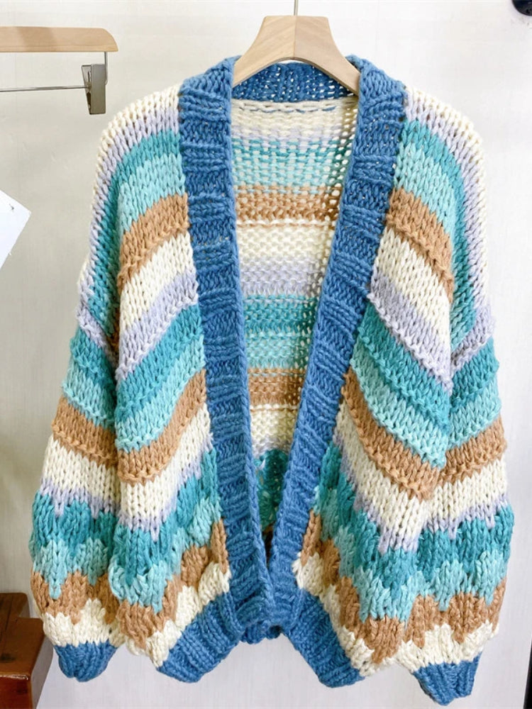 Kalamet Women Striped Color-block Handmade Chunky Cardigan Autumn Winter Sweater Knit Top Women Clothes