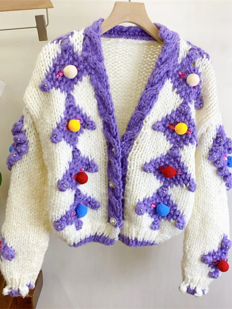 Kalamet Handmade Knit Chunky Cardigan Christmas Sweater Women Winter Clothes