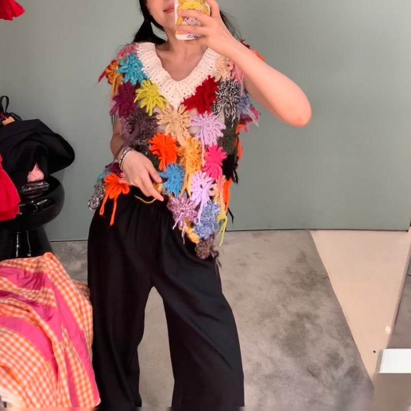 Handmade Crochet Floral v-neck Vest 2024 Women Niche Design Chic Hollow-out Colorful Sweater Outfit  Women Clothes