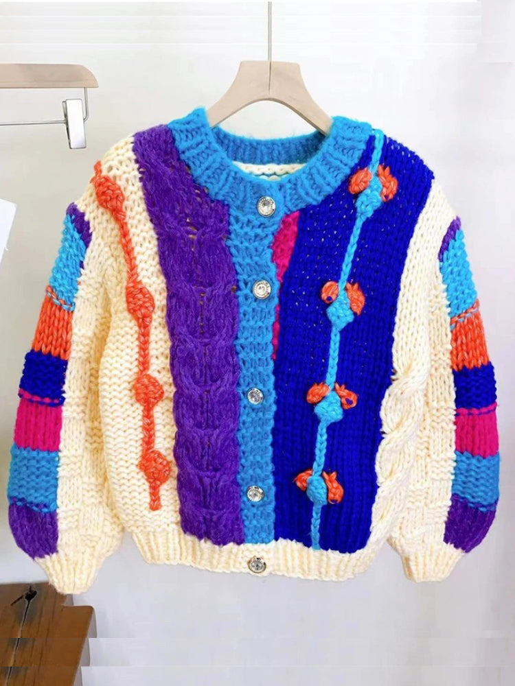 Kalamet Women Colorful Chunky Knit Sweater Handmade Bulky Cardigan