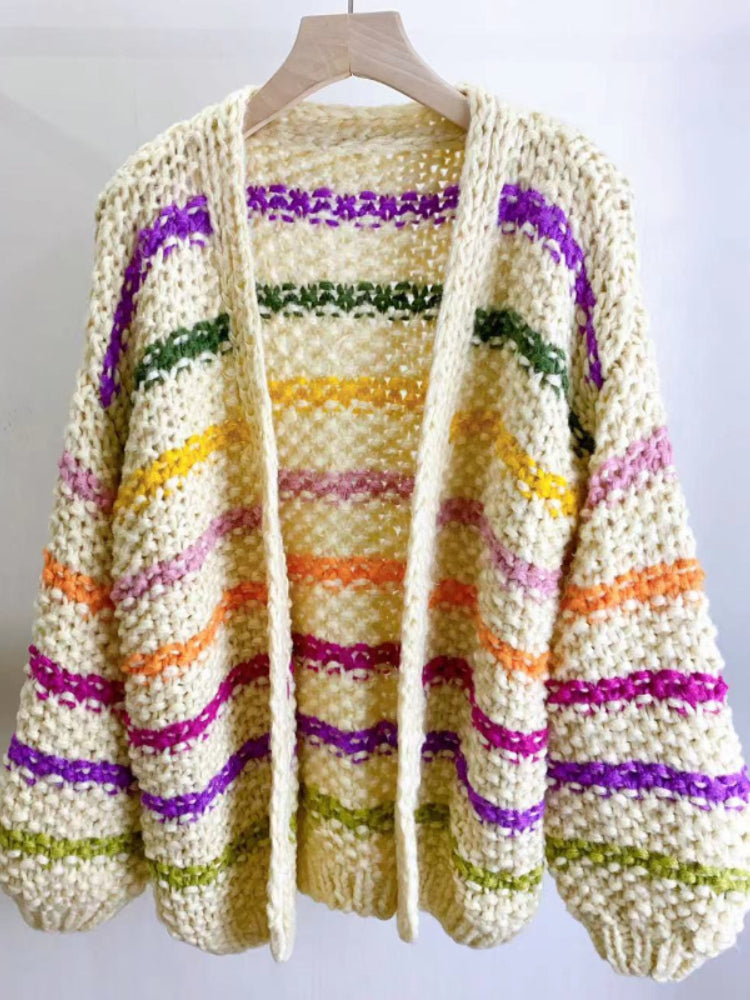 Kalamet Autumn/Winter New in Women Chunky Mohair Cardigan V-neck Rainbow Color Handmade Knit Striped Sweater Bohemian Style