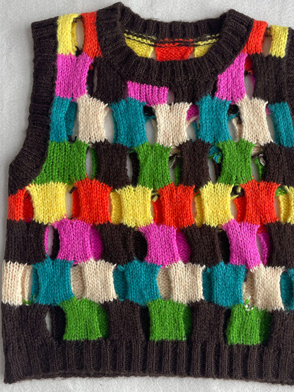 JIAMI Women Wool Blend Hollow-out Handmade Colorful Sweater Vest