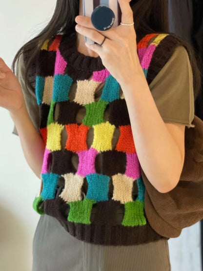 JIAMI Women Wool Blend Hollow-out Handmade Colorful Sweater Vest