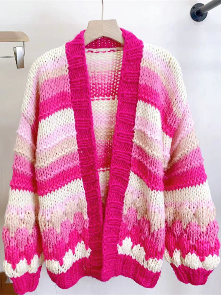 Women Colorful Bohemian Chunky Knit Mohair Sweater Handmade Bulky Cardigan Warm Autumn Winter Woman Clothing
